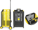 Foldable Rolling Cart with Wheels, Portable Updated Utility Tools Rolling Crate w/ Telescopic Handle, Yellow